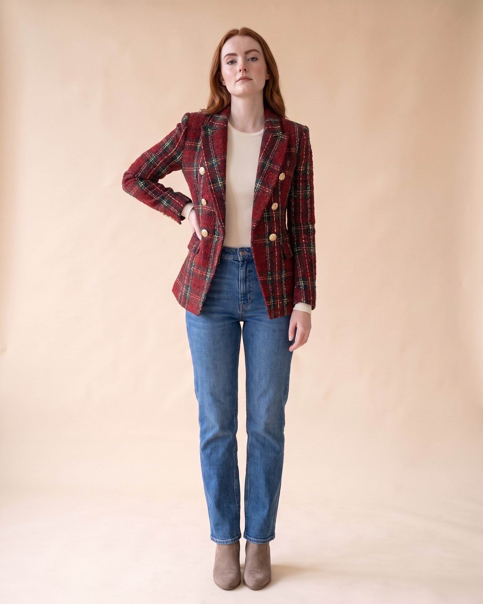 Plaid Tweed Blazer in Red, styled full-length view on model