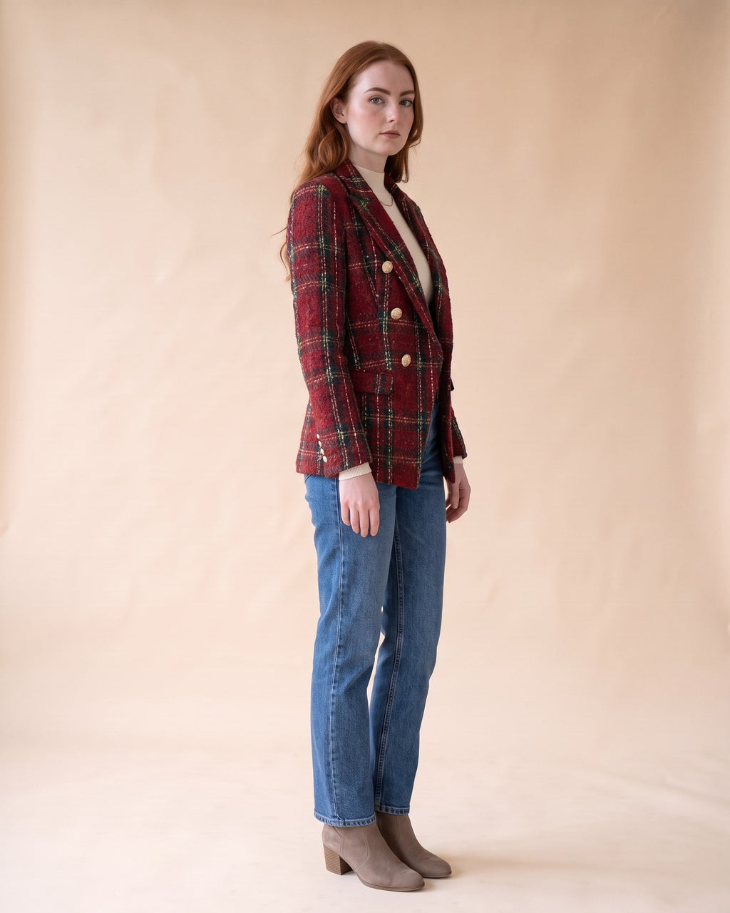 Plaid Tweed Blazer in Red, full-length side view on model