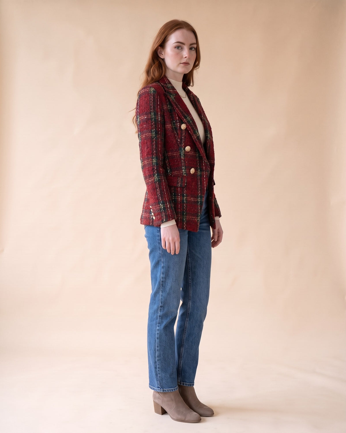 Plaid Tweed Blazer in Red, full-length side view on model