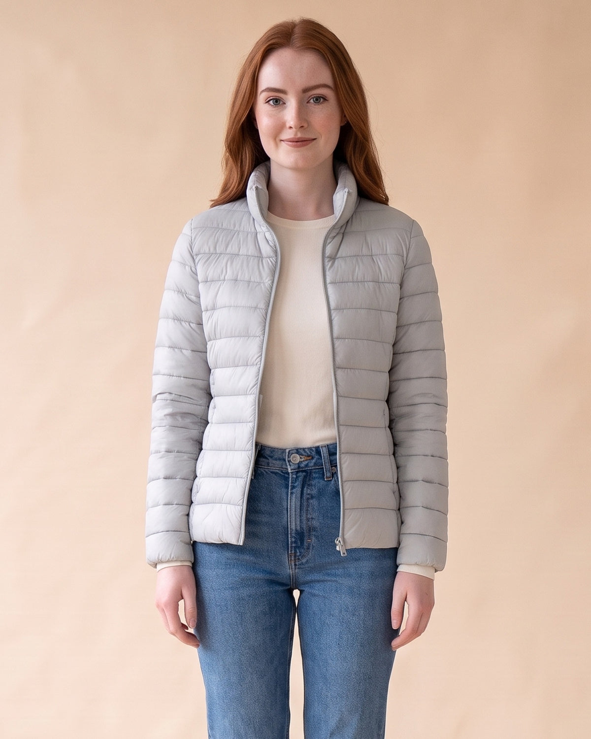 Lightweight Puffer Jacket in Silver Grey, front view on model