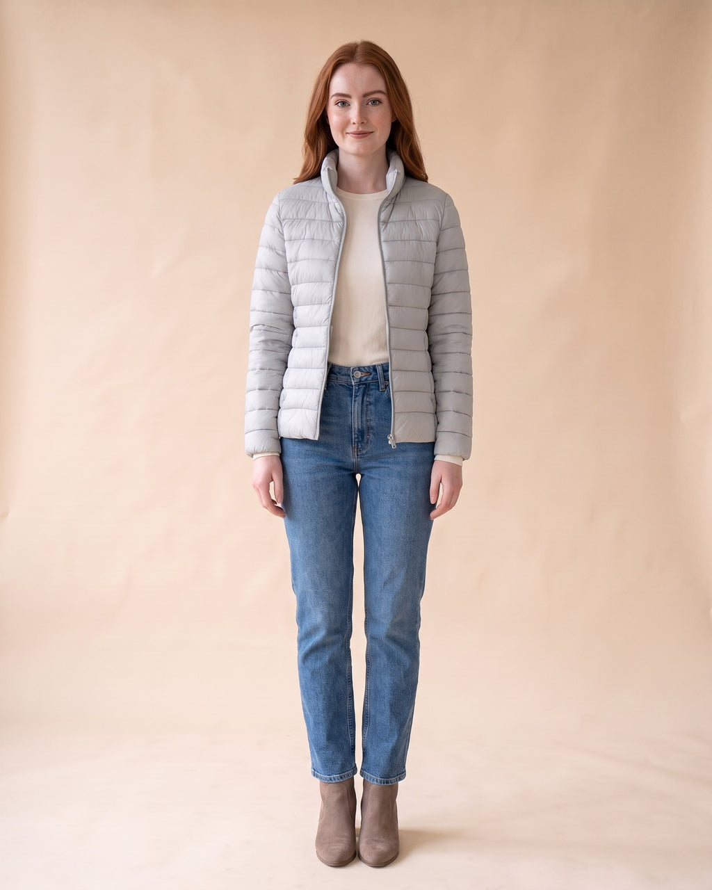 Lightweight Puffer Jacket in Silver Grey, full-length front view on model