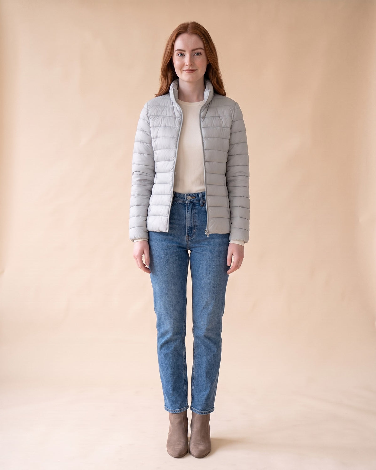Lightweight Puffer Jacket in Silver Grey, full-length front view on model