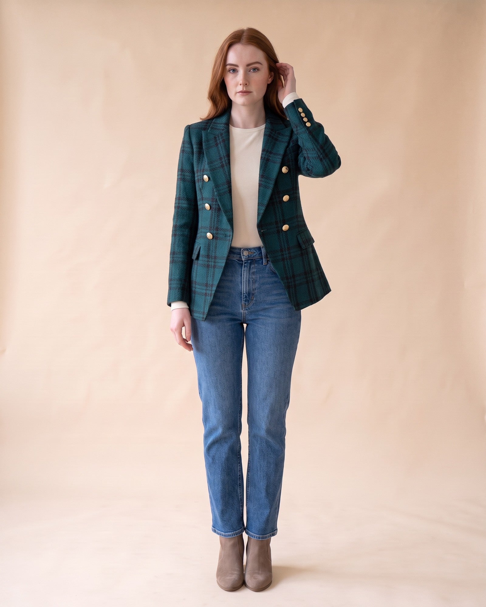 Plaid Tweed Blazer in Teal Green, full-length front view on model