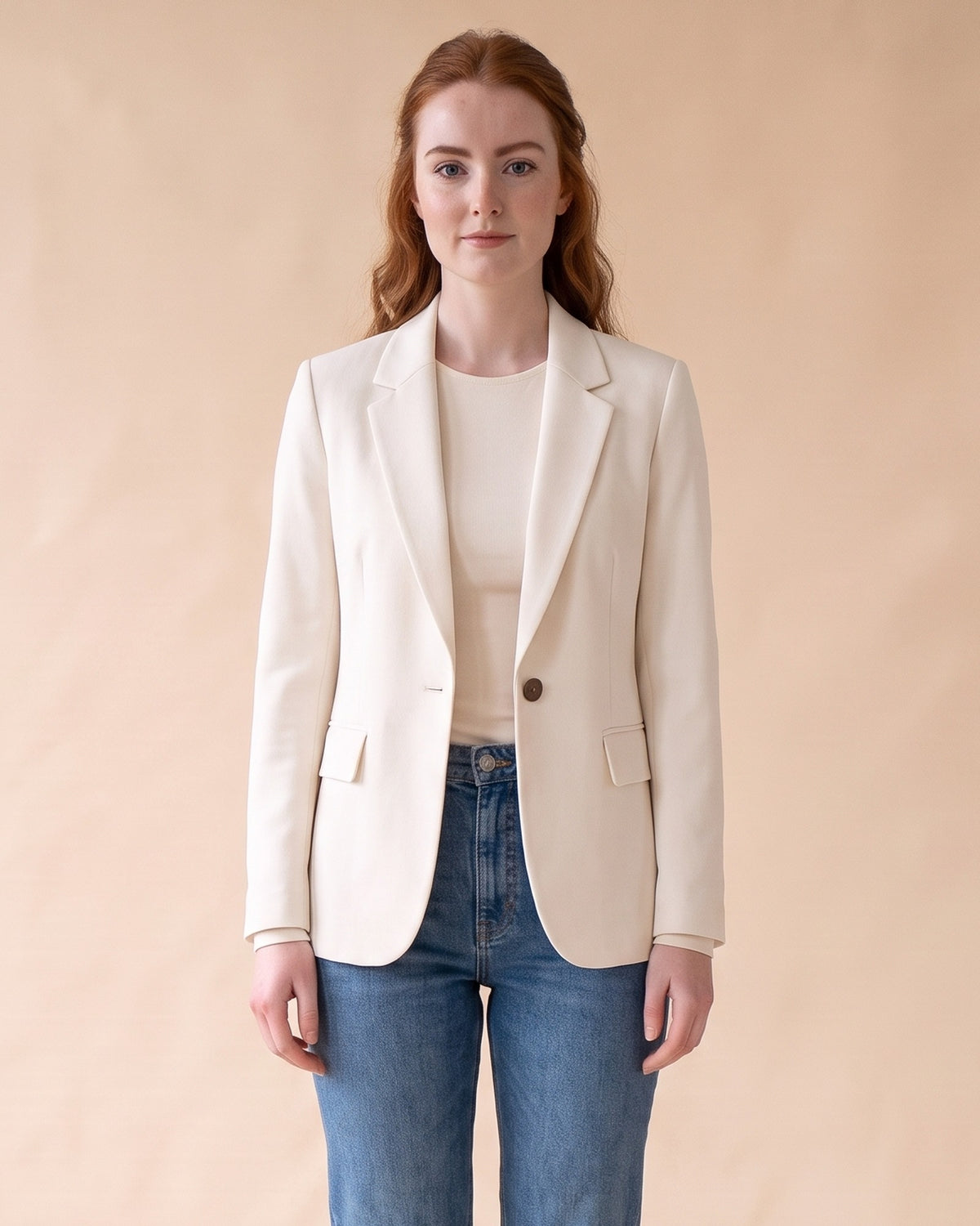 Classic Fitted Blazer in White, front view on model