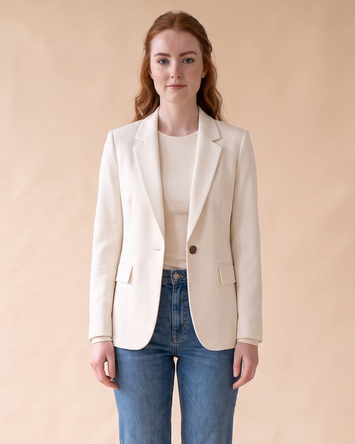 Classic Fitted Blazer in White, front view on model