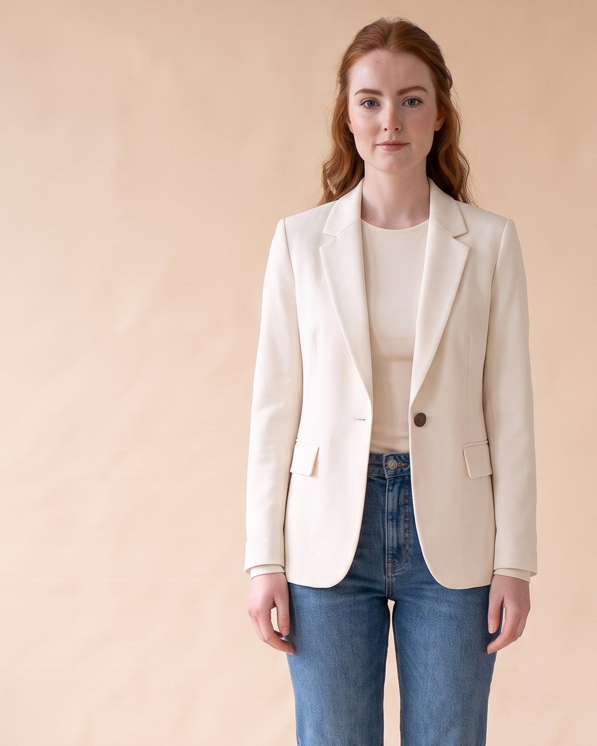 Classic Fitted Blazer in White, front view on model