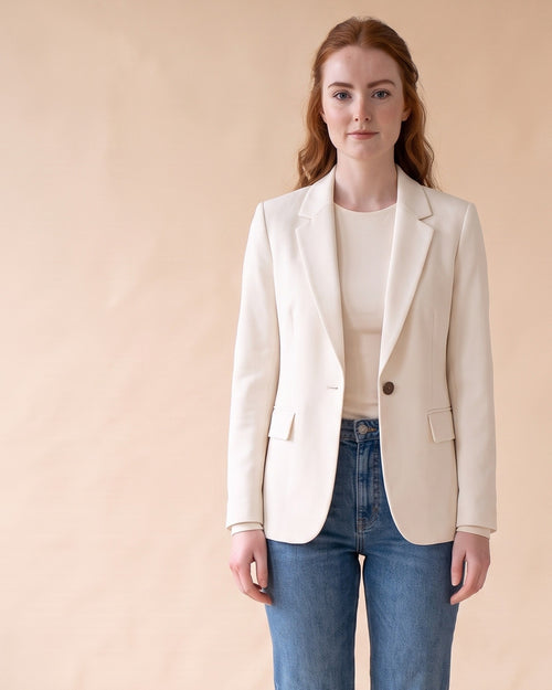 Classic Fitted Blazer in White, front view on model