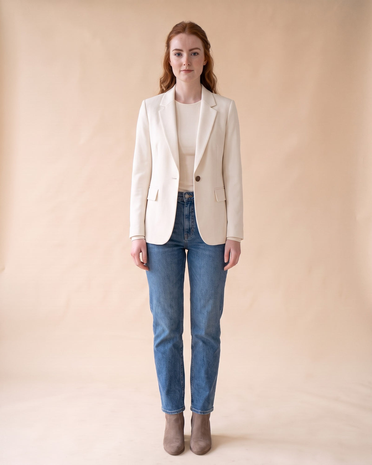 Classic Fitted Blazer in White, full-length front view on model
