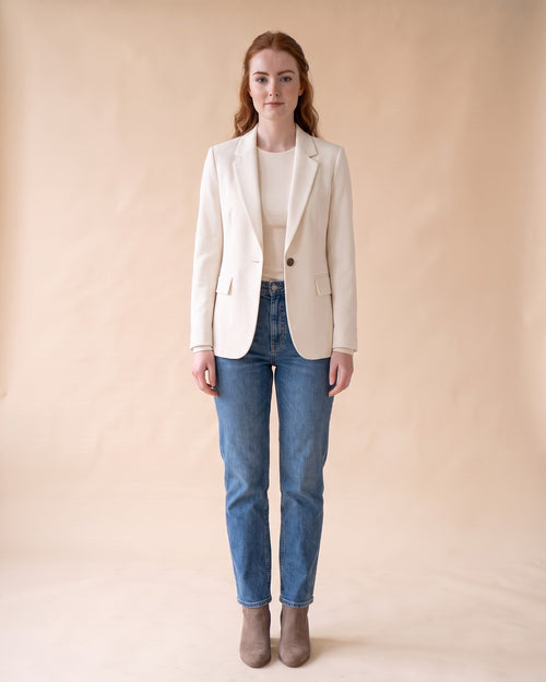 Classic Fitted Blazer in White, full-length front view on model