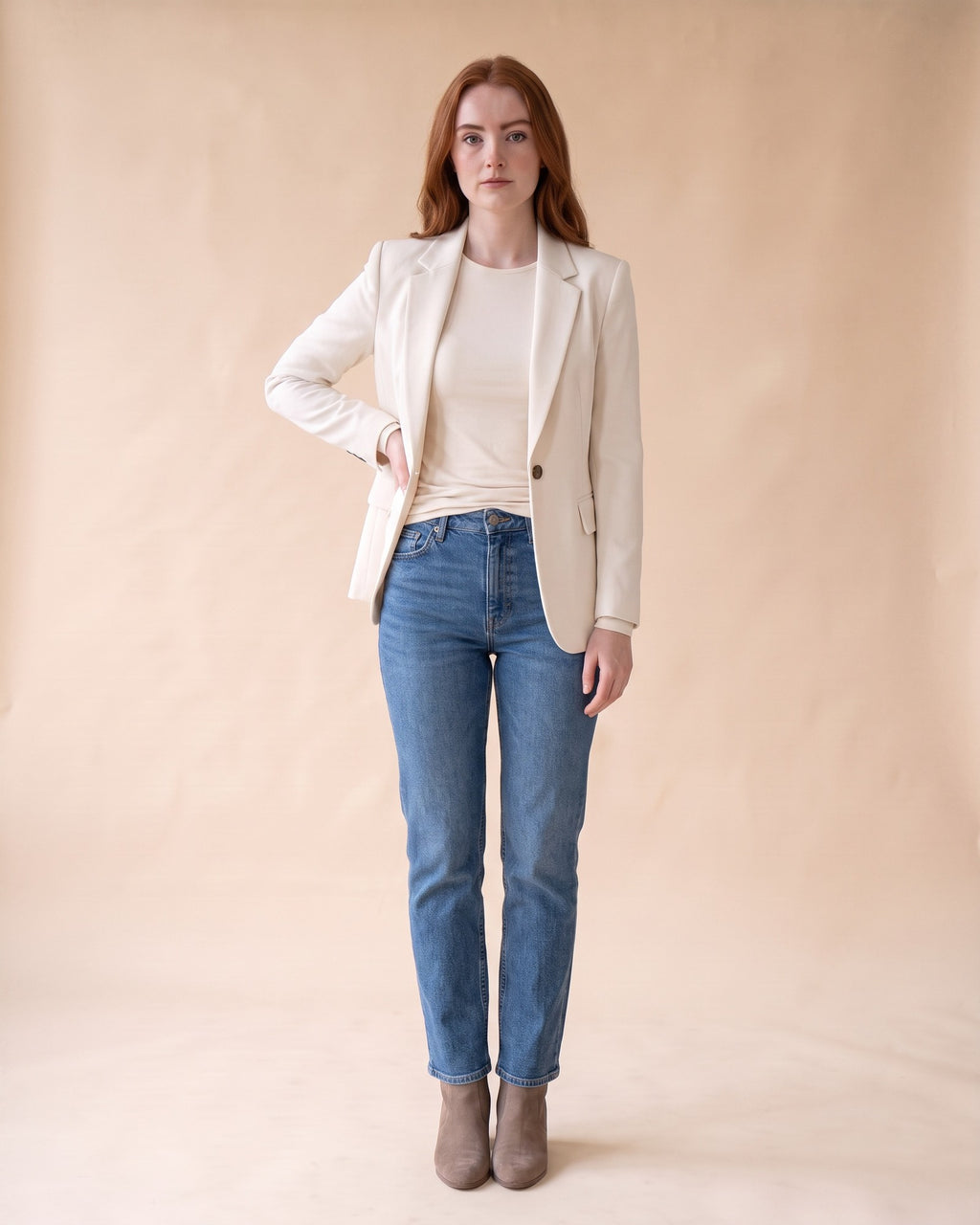 Classic Fitted Blazer in White, styled full-length view on model
