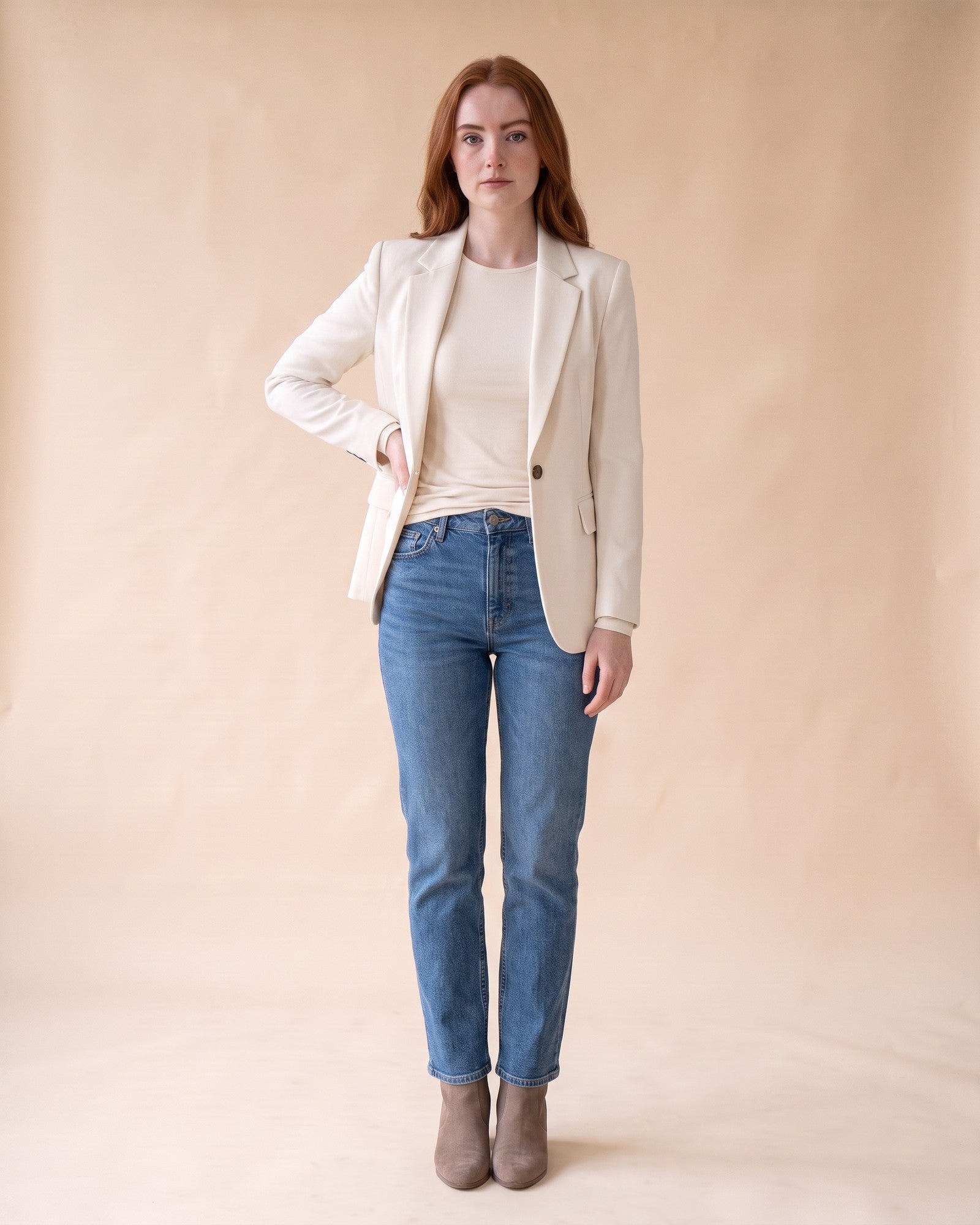 Classic Fitted Blazer in White, styled full-length view on model