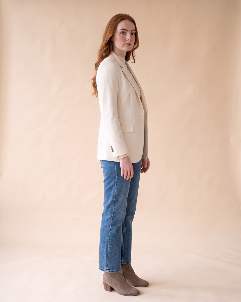 Classic Fitted Blazer in White, full-length side view on model