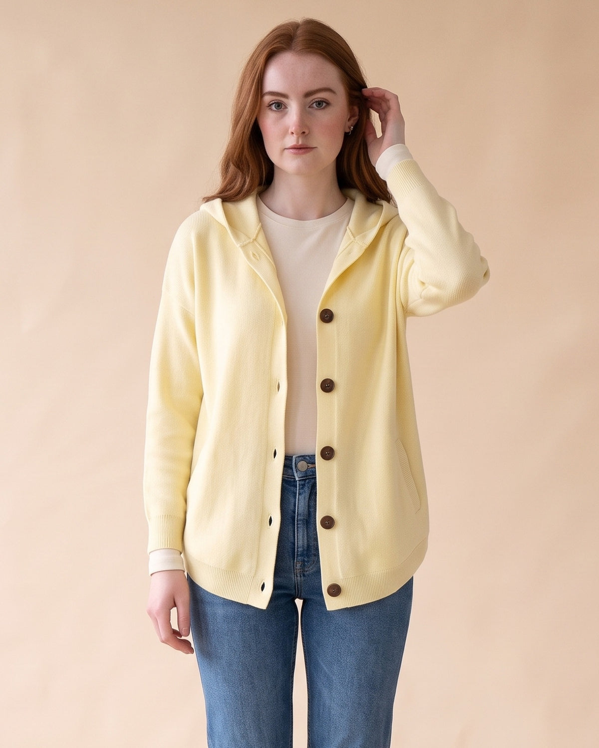 Hooded Button Cardigan in Yellow, front view on model