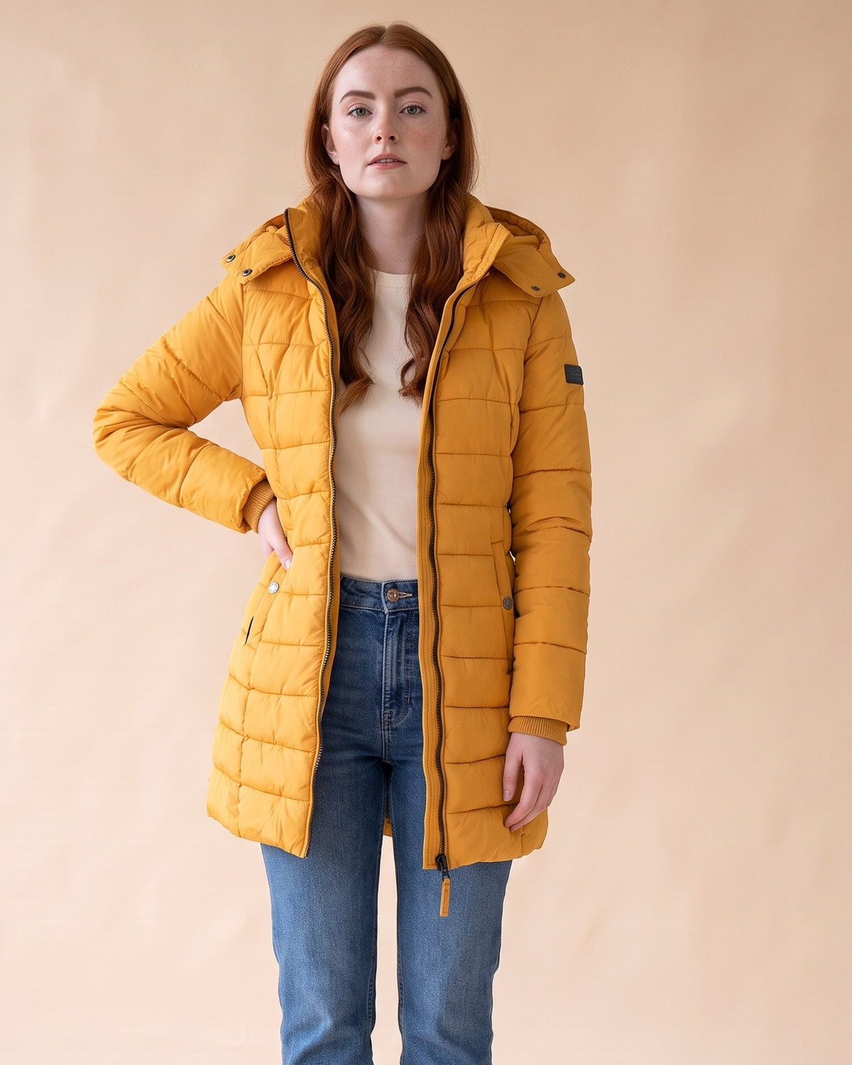 Long Quilted Puffer in Yellow, front view on model