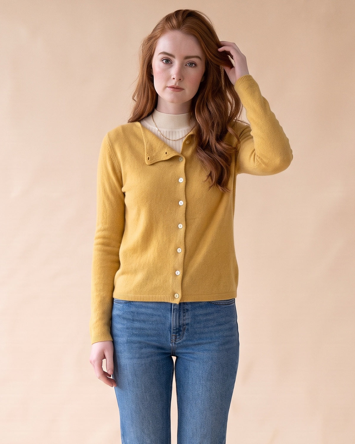 Asymmetric V-Neck Cardigan in Yellow, front view on model
