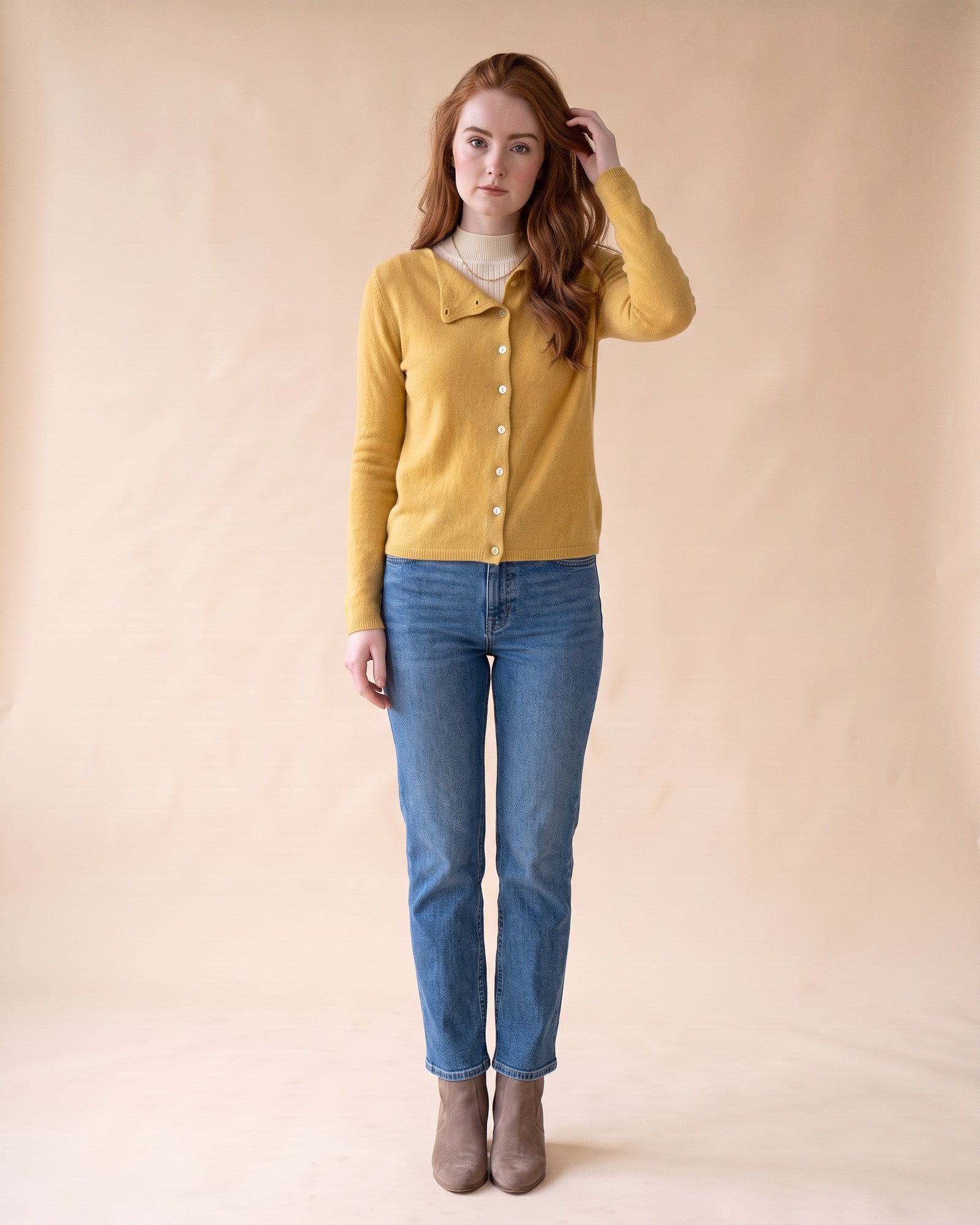 Asymmetric V-Neck Cardigan in Yellow, full-length front view on model