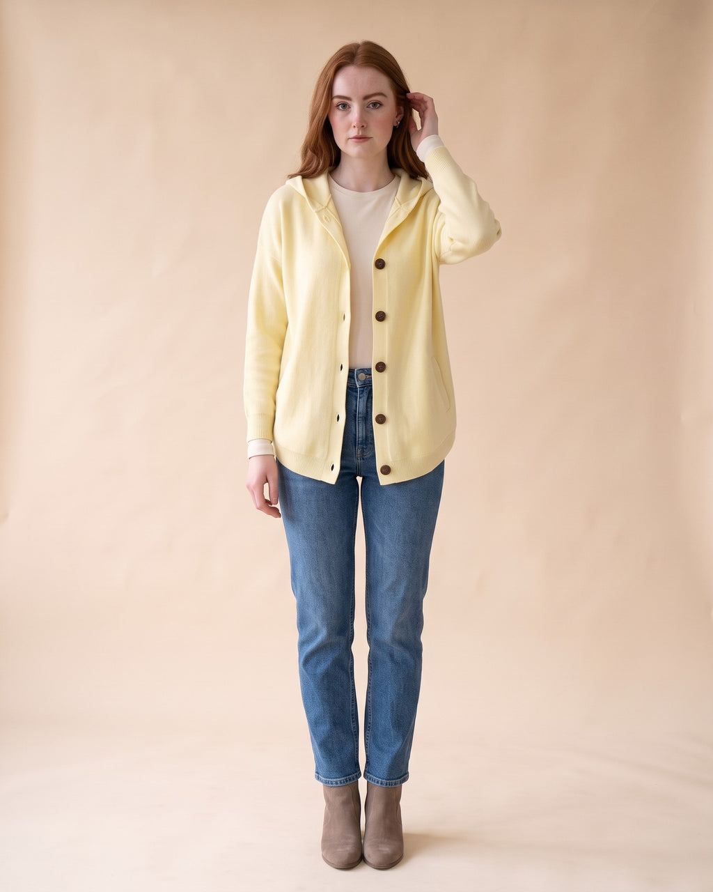 Hooded Button Cardigan in Yellow, full-length front view on model
