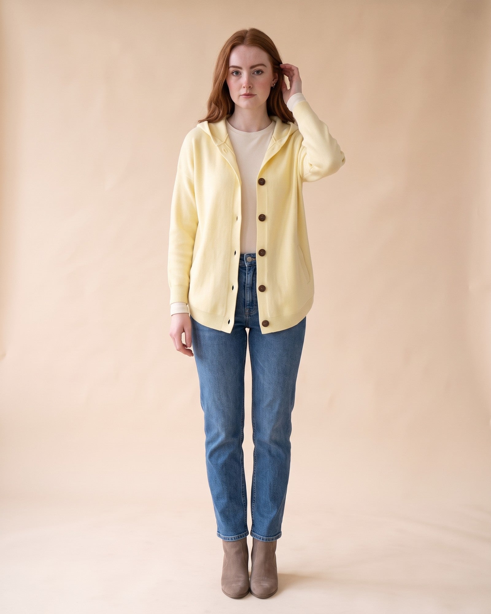 Hooded Button Cardigan in Yellow, full-length front view on model