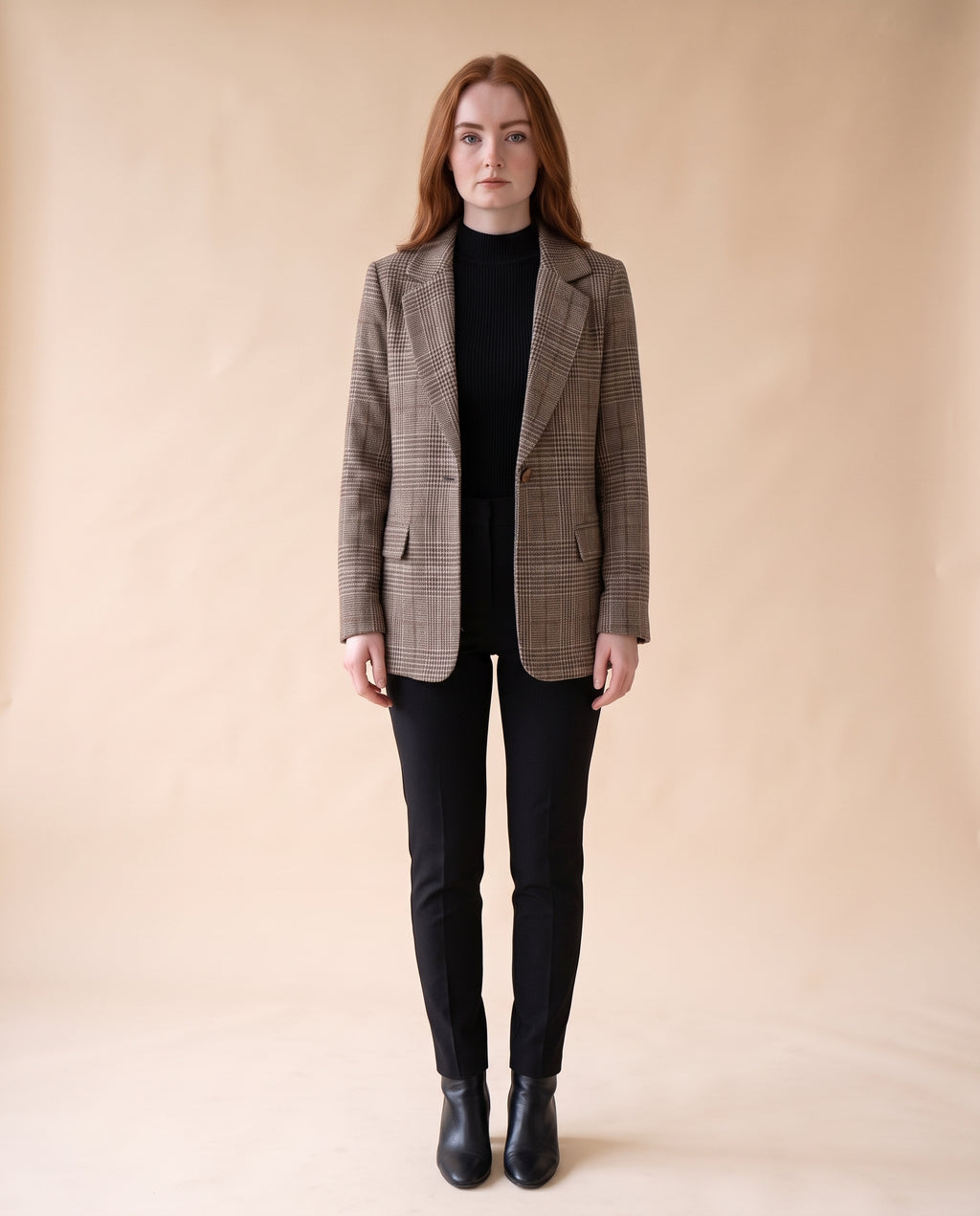 Women's Relaxed Check Blazer with Structured Lapels - front view on model