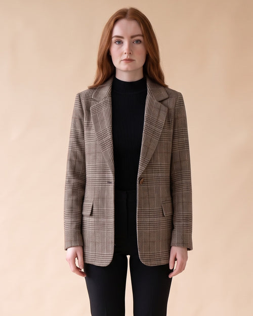 Women's Relaxed Check Blazer with Structured Lapels in Coffee