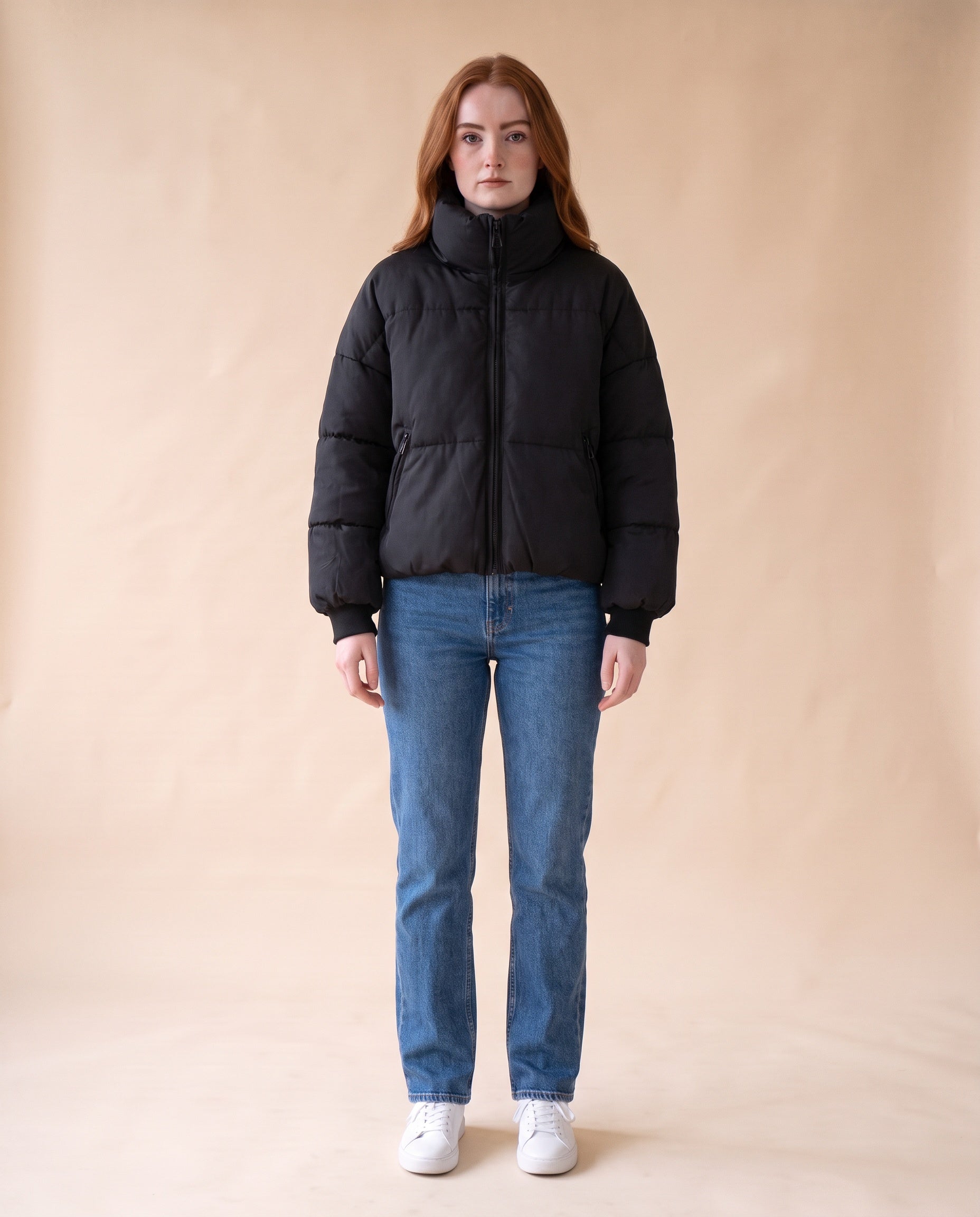 Women's Cropped Oversized Puffer Jacket - Black, full-length front view on model