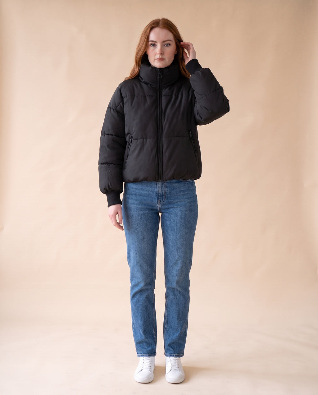 Women's Cropped Oversized Puffer Jacket - Black, styled view on model