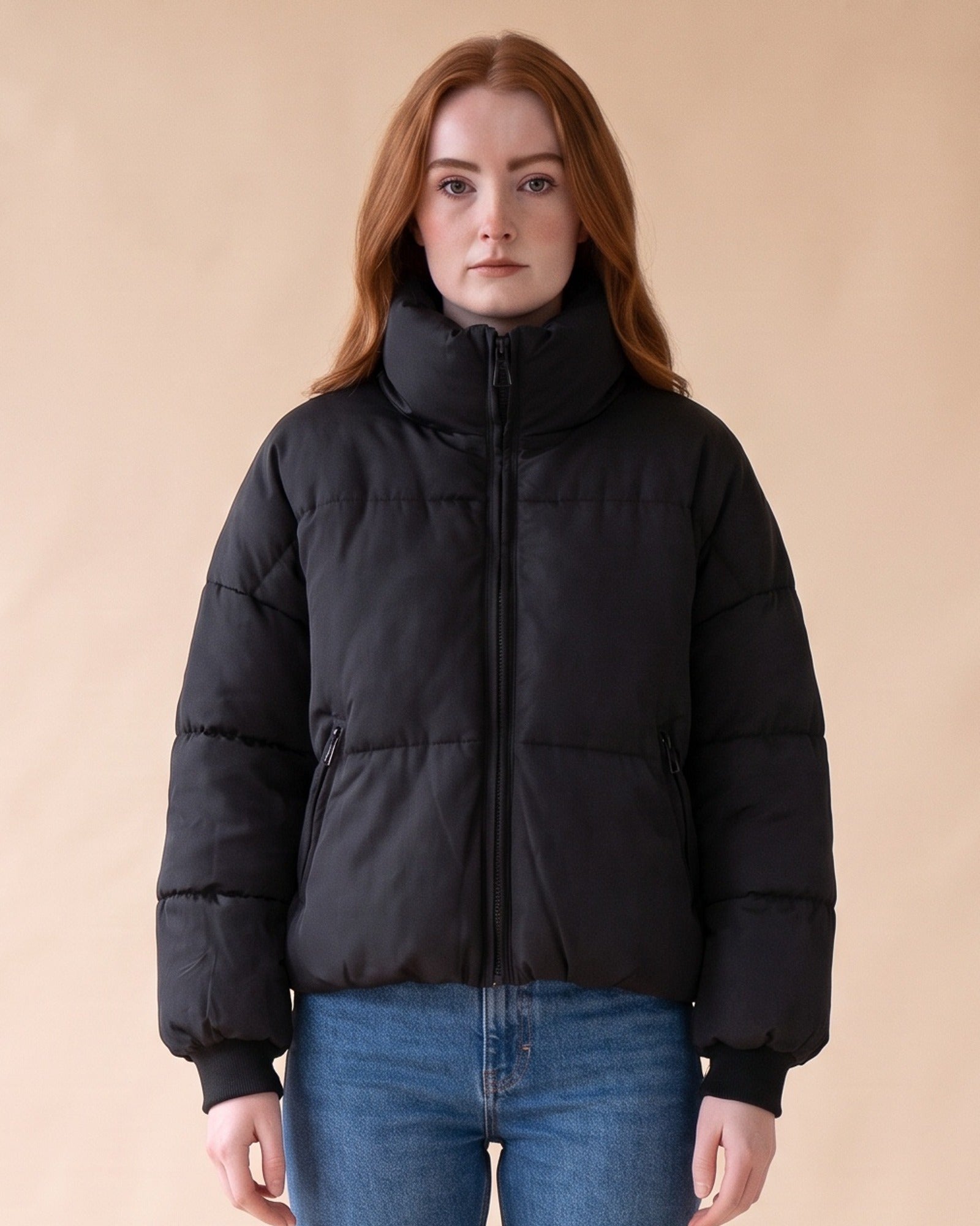 Women's Cropped Oversized Puffer Jacket in Black
