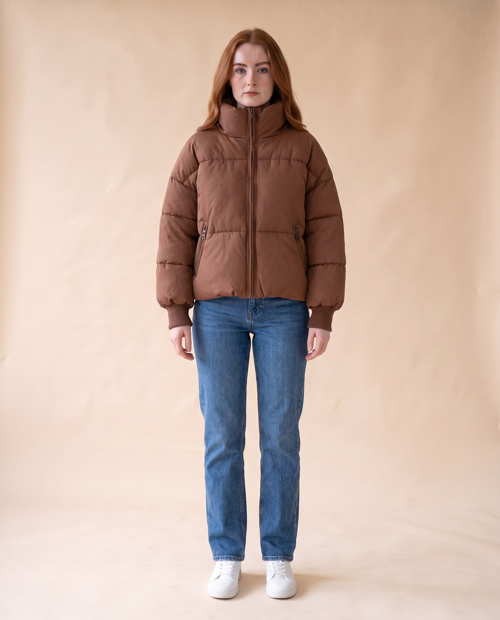 Women's Cropped Oversized Puffer Jacket - Brown, full-length front view on model
