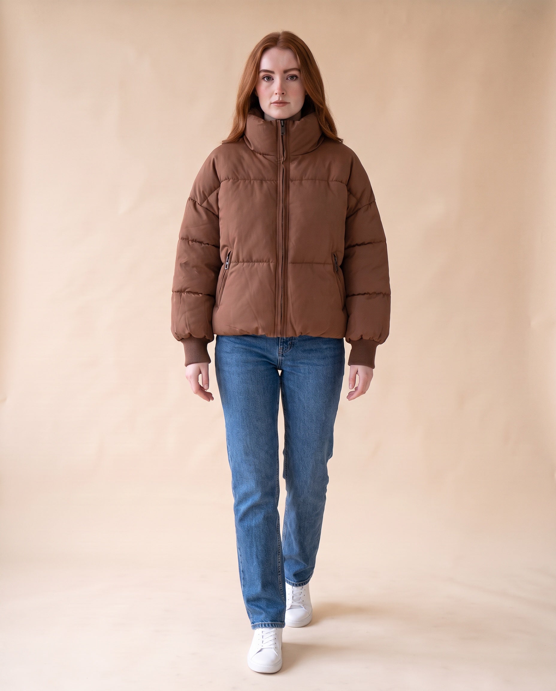 Women's Cropped Oversized Puffer Jacket - Brown, styled view on model