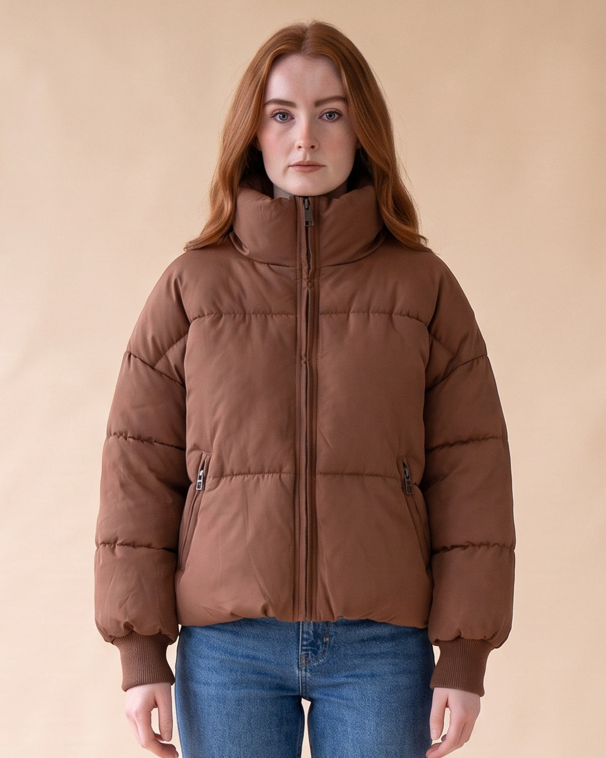Women's Cropped Oversized Puffer Jacket in Brown