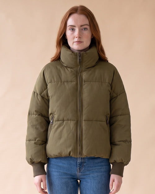 Women's Cropped Oversized Puffer Jacket in Khaki