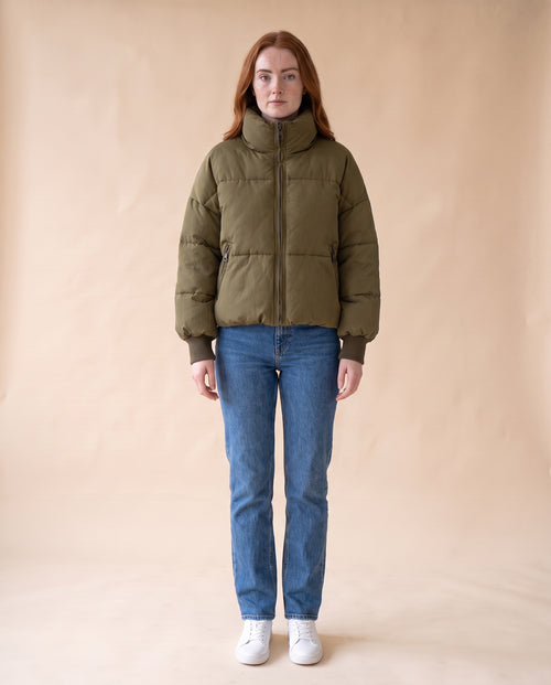 Women's Cropped Oversized Puffer Jacket - Khaki, full-length front view on model