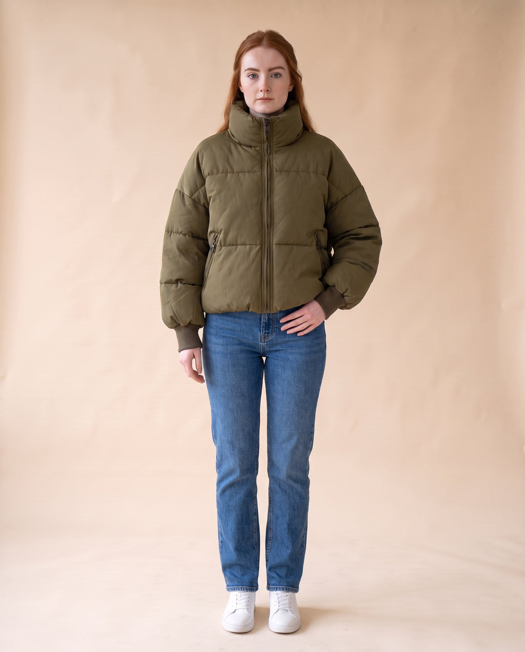 Women's Cropped Oversized Puffer Jacket - Khaki, styled view on model