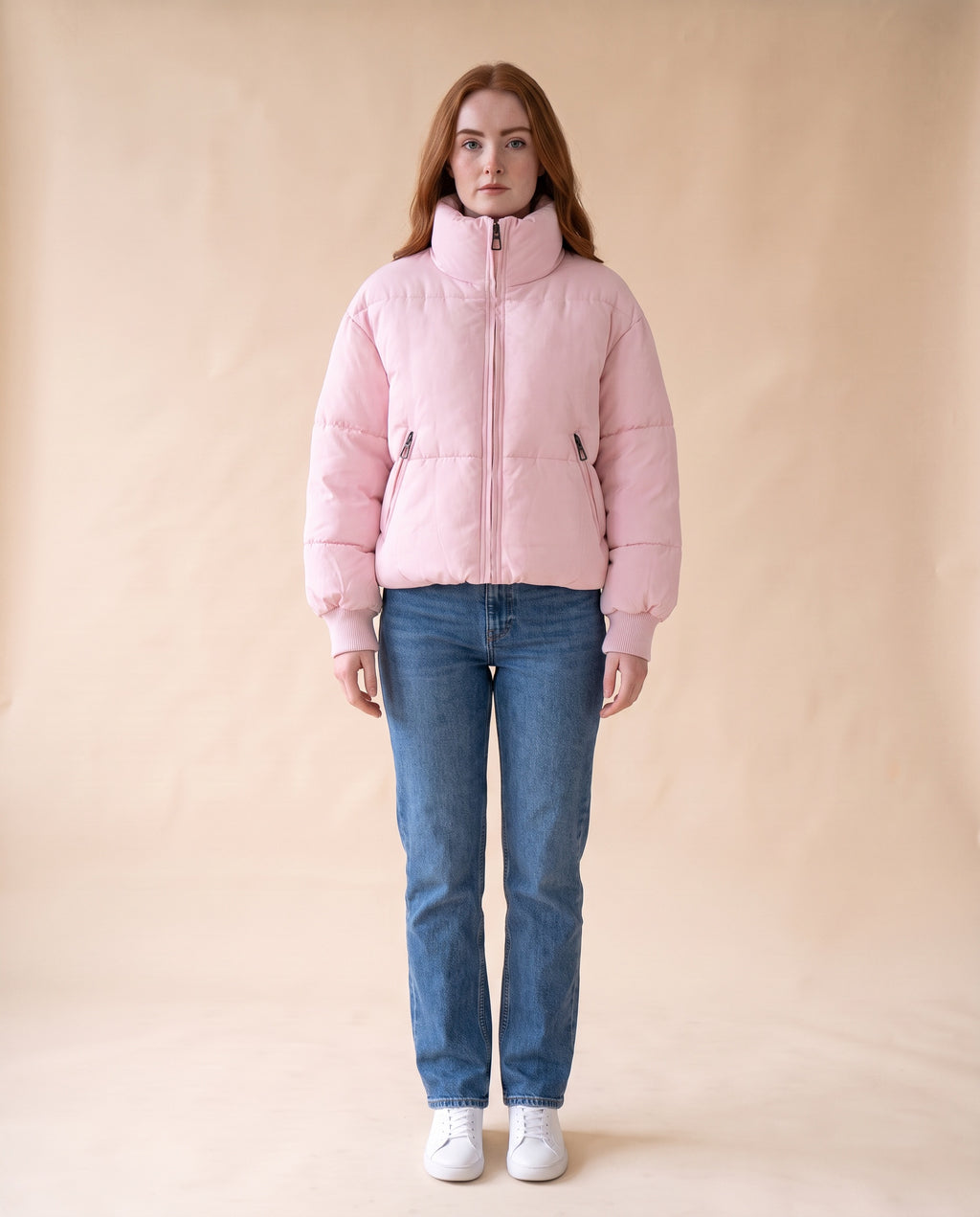 Women's Cropped Oversized Puffer Jacket - Pink, full-length front view on model