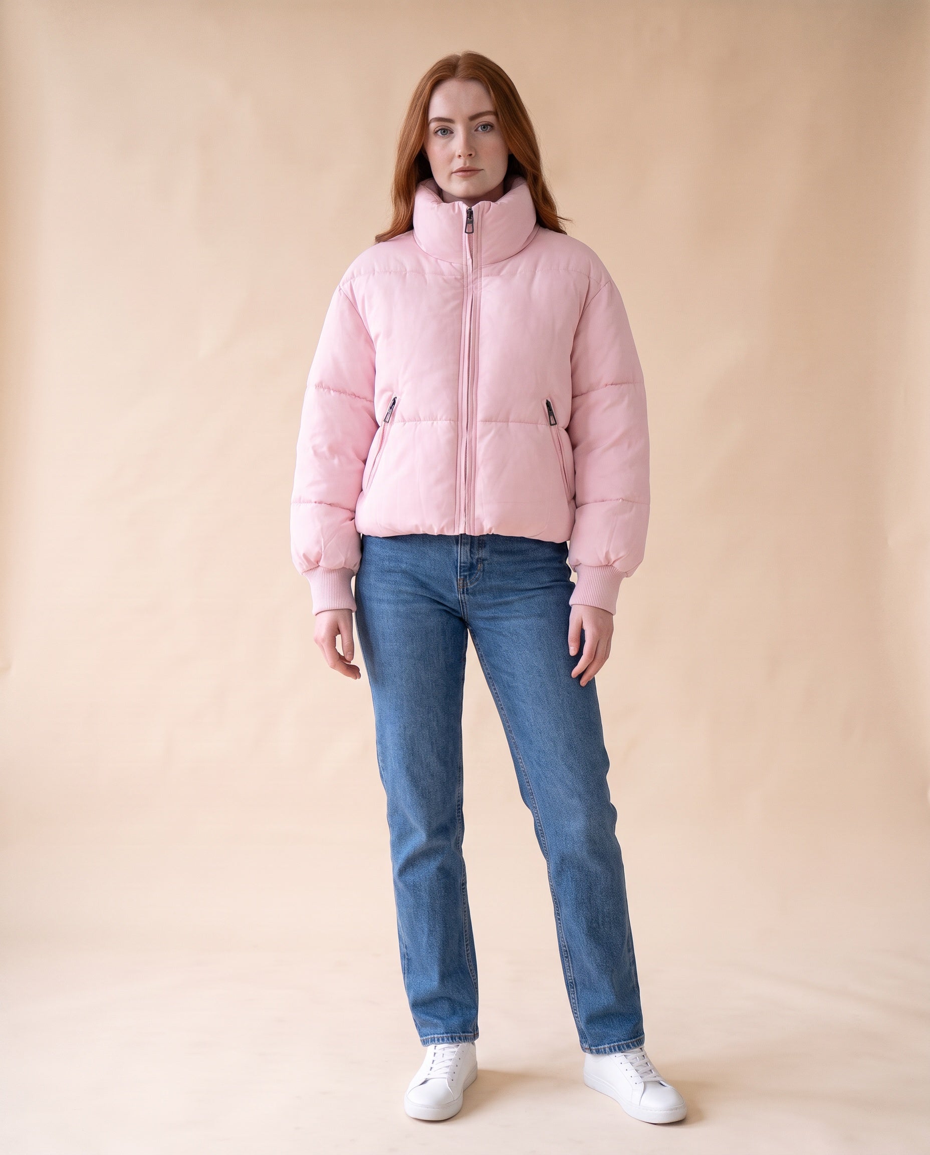 Women's Cropped Oversized Puffer Jacket - Pink, styled view on model