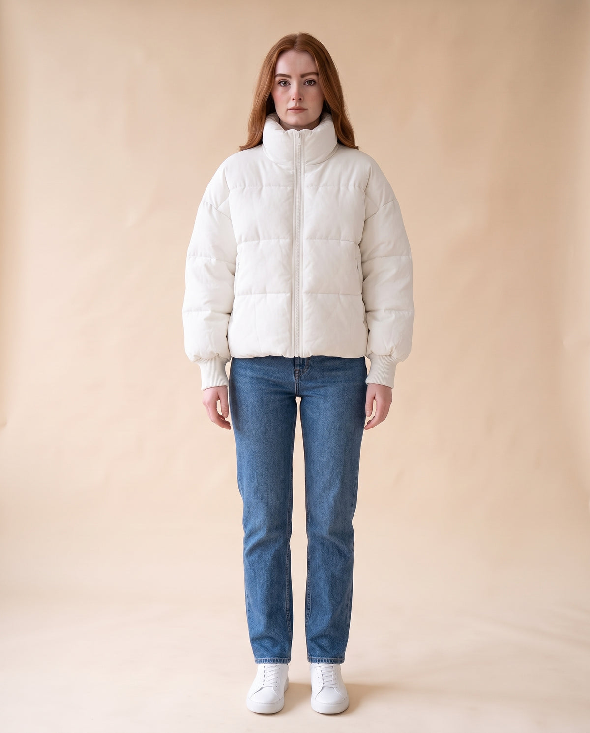 Women's Cropped Oversized Puffer Jacket - White, full-length front view on model