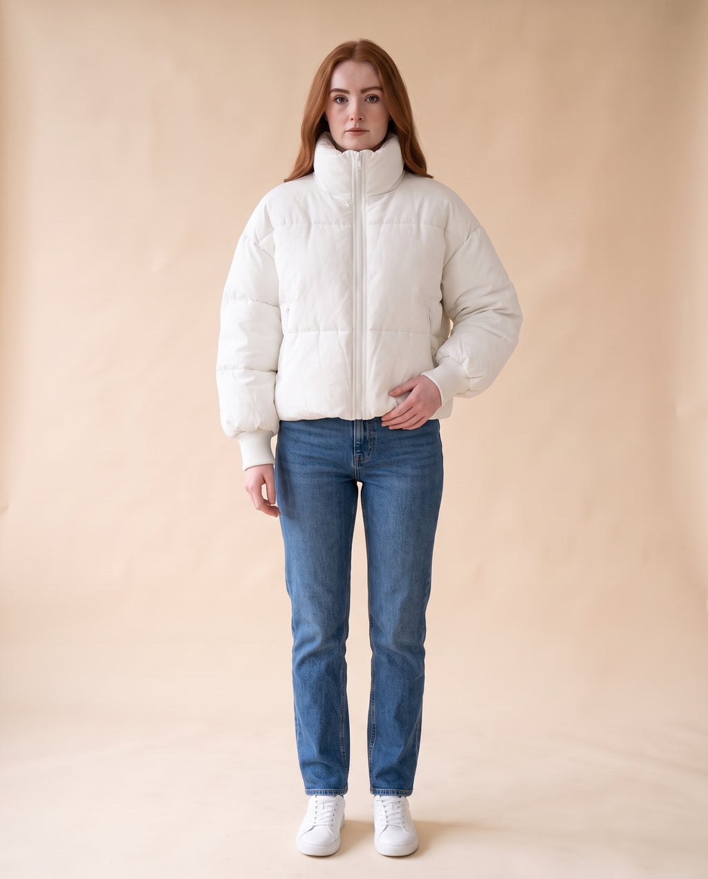 Women's Cropped Oversized Puffer Jacket - White, styled view on model