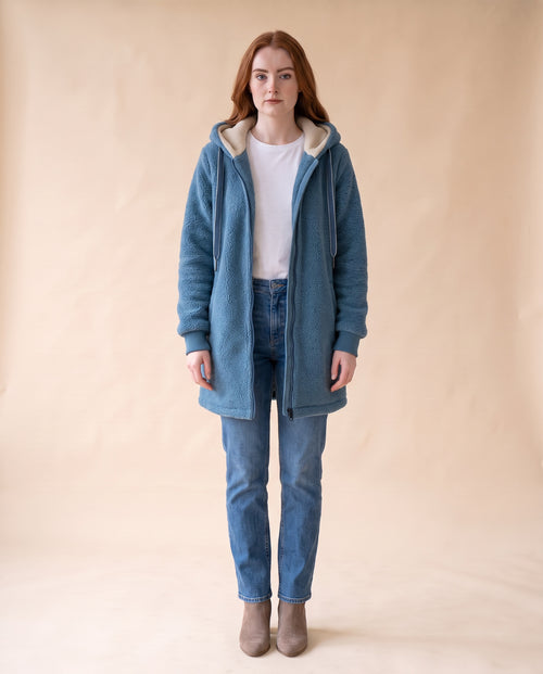 Women's Longline Sherpa Fleece Jacket with Hood - Blue, full-length front view on model