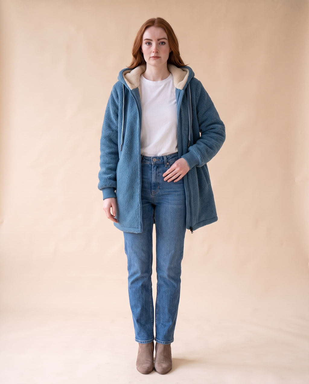 Women's Longline Sherpa Fleece Jacket with Hood - Blue, styled view on model