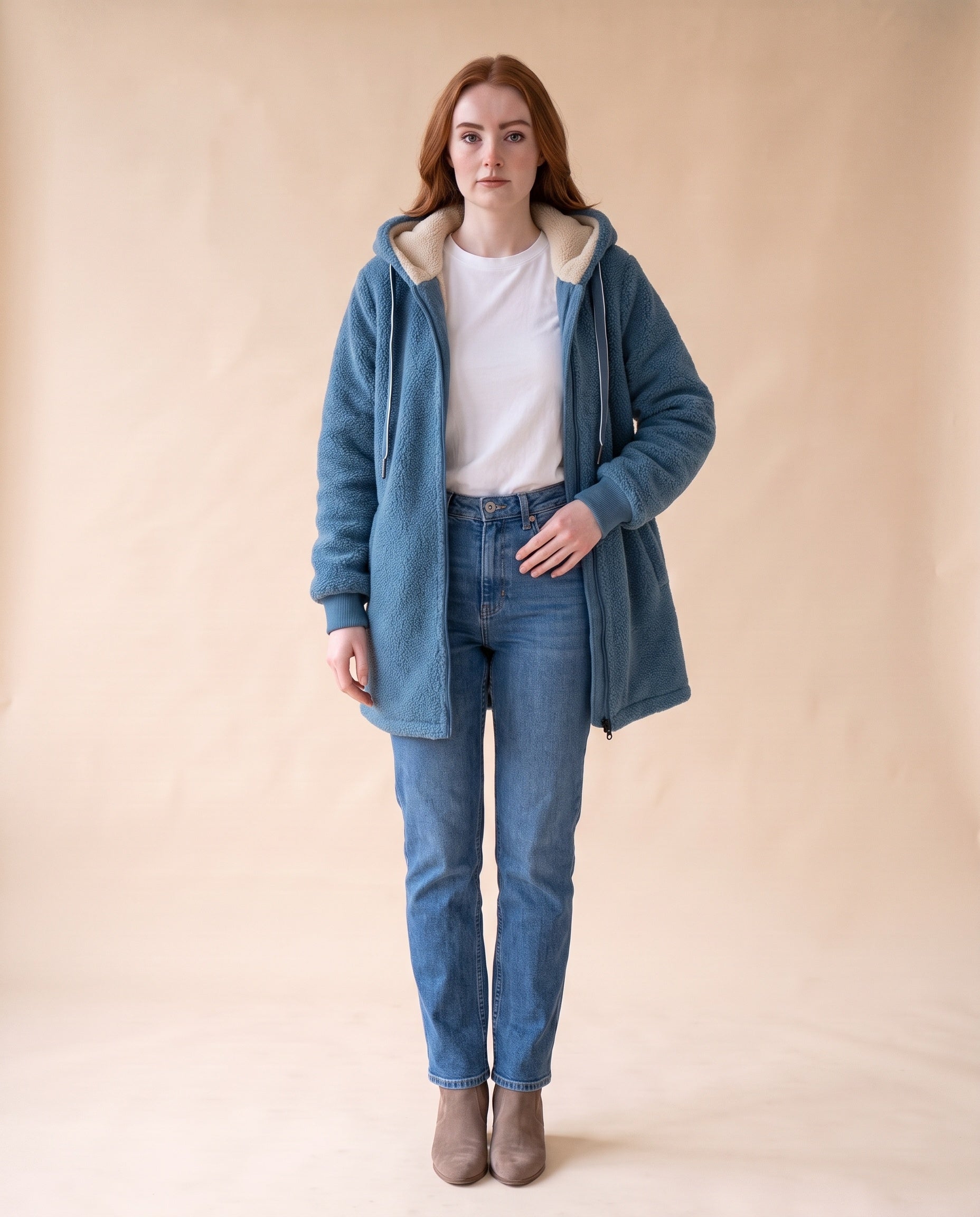 Women's Longline Sherpa Fleece Jacket with Hood - Blue, styled view on model