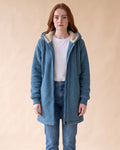 Women's Longline Sherpa Fleece Jacket with Hood in Blue