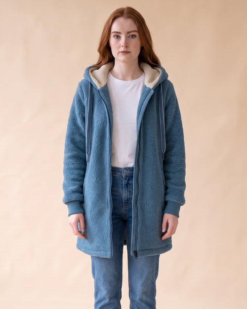 Women's Longline Sherpa Fleece Jacket with Hood in Blue