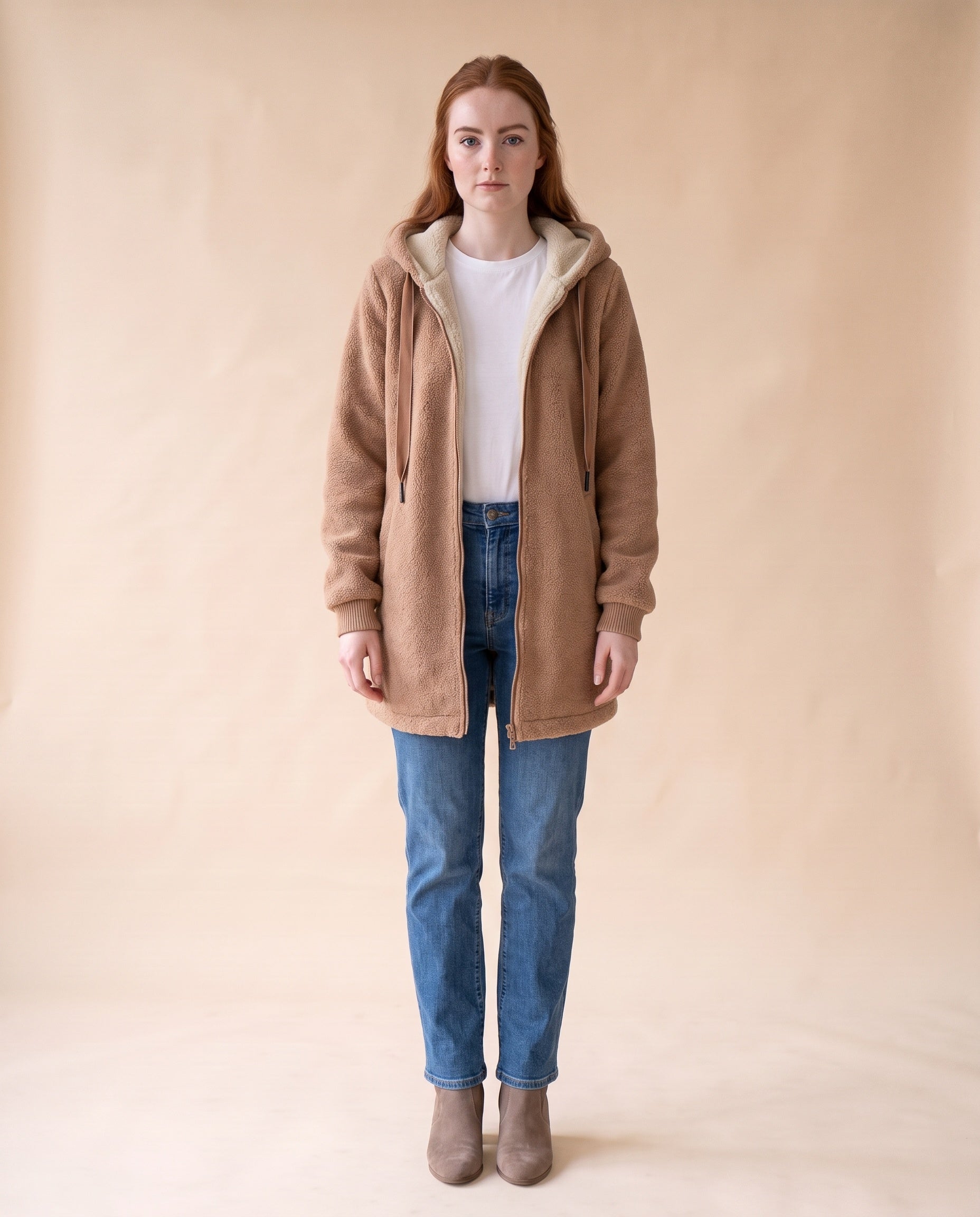Women's Longline Sherpa Fleece Jacket with Hood - Brown, full-length front view on model
