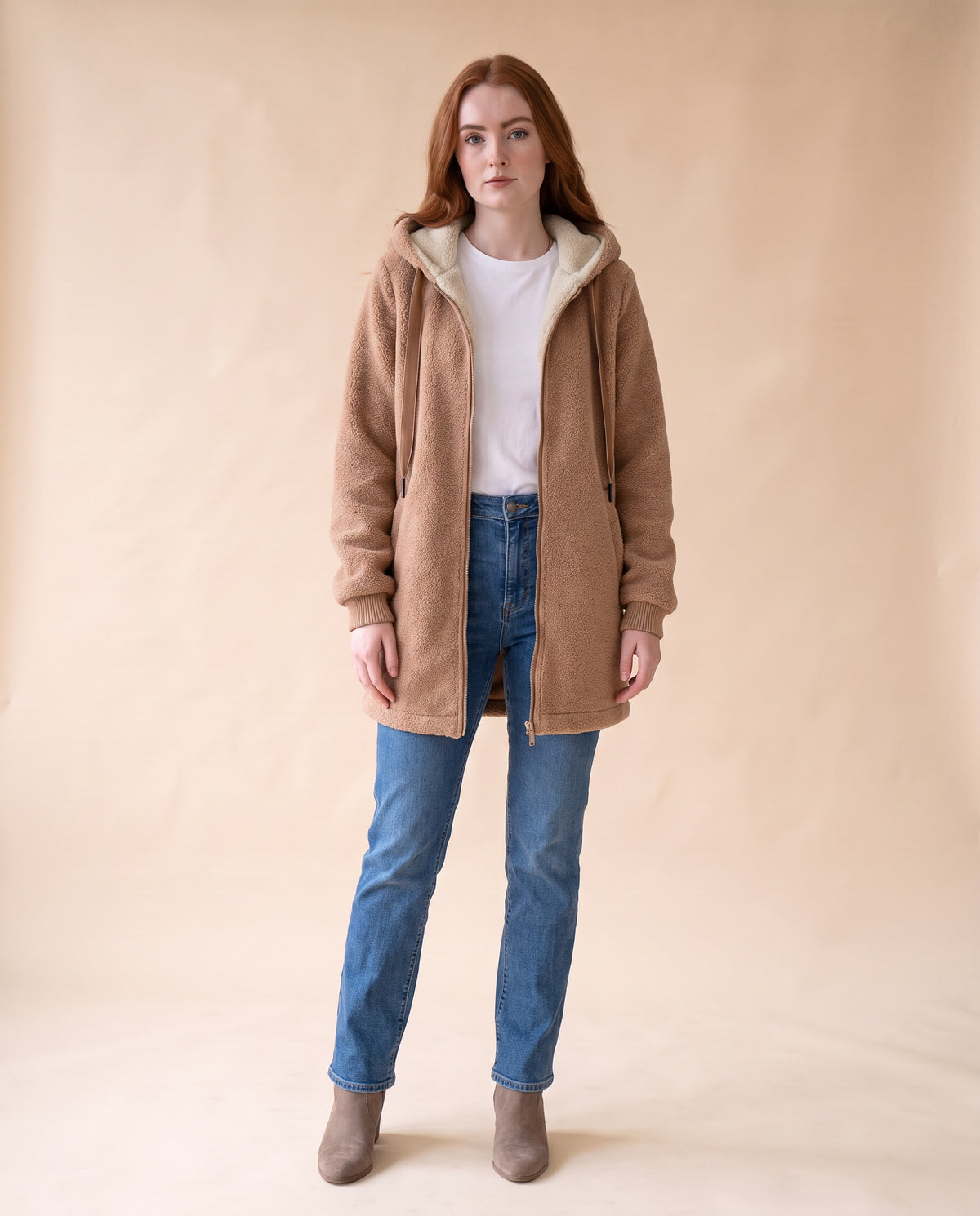 Women's Longline Sherpa Fleece Jacket with Hood - Brown, styled view on model