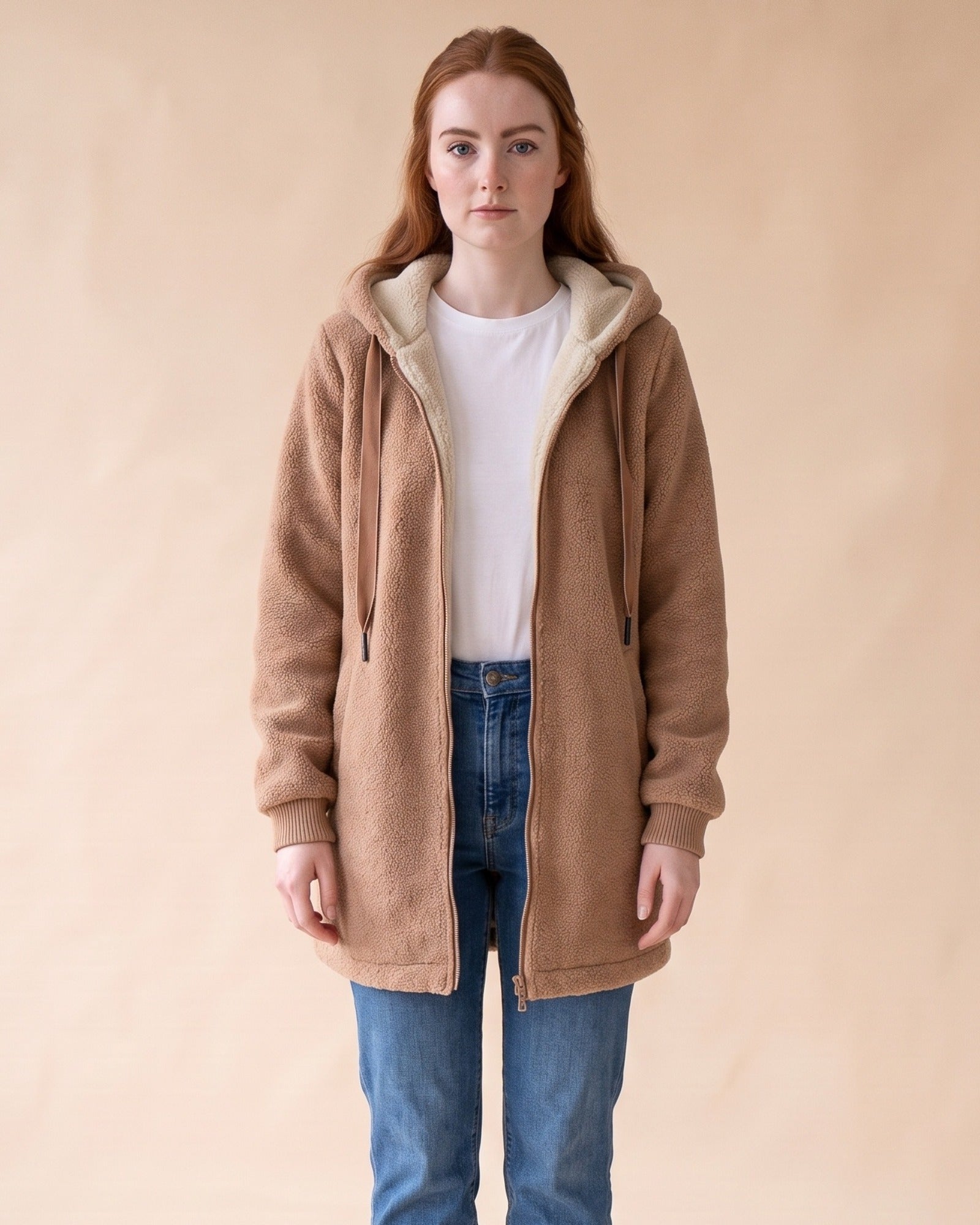 Women's Longline Sherpa Fleece Jacket with Hood in Brown