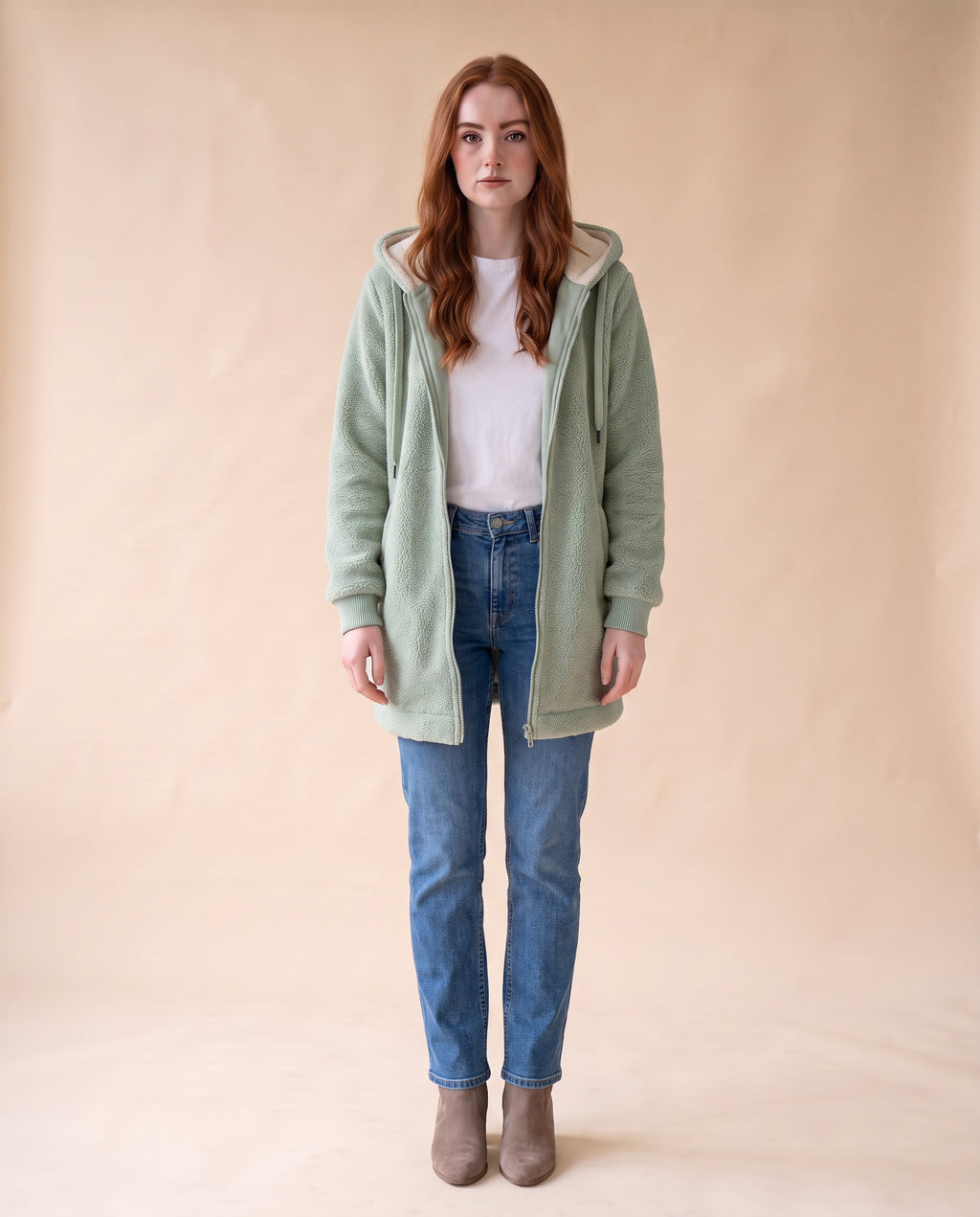 Women's Longline Sherpa Fleece Jacket with Hood - Green, full-length front view on model