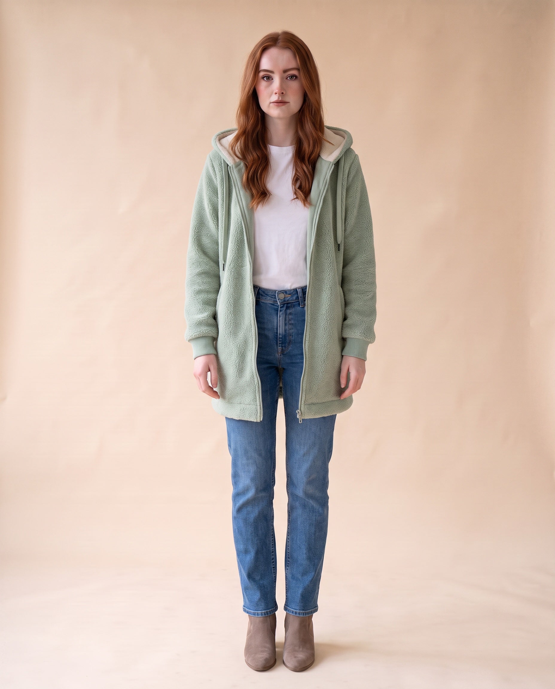 Women's Longline Sherpa Fleece Jacket with Hood - Green, full-length front view on model