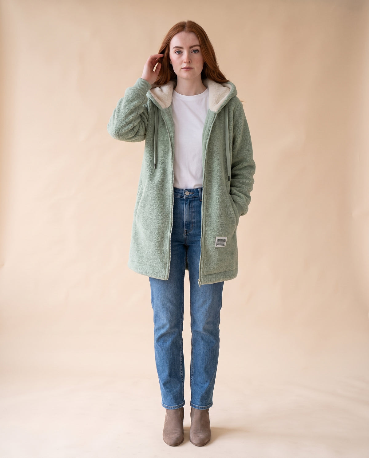 Women's Longline Sherpa Fleece Jacket with Hood - Green, styled view on model