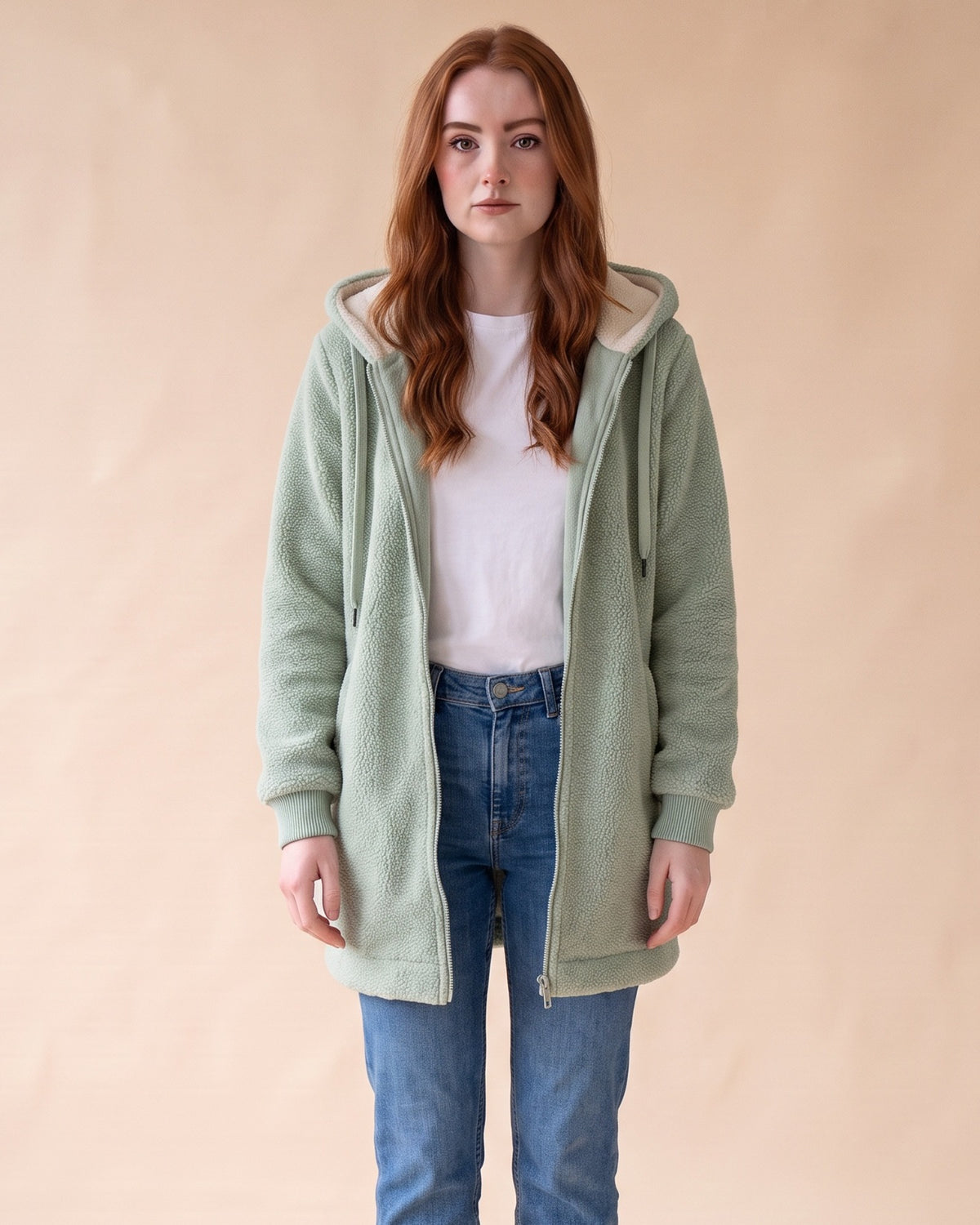 Women's Longline Sherpa Fleece Jacket with Hood in Green