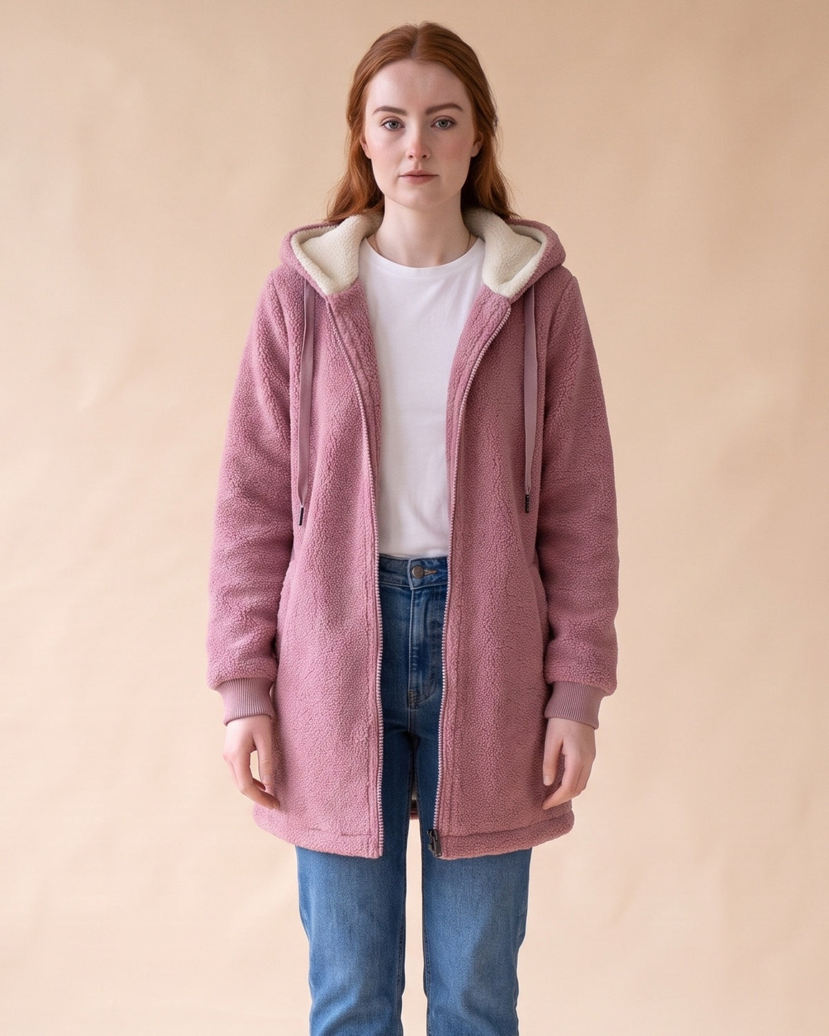 Women's Longline Sherpa Fleece Jacket with Hood in Pink